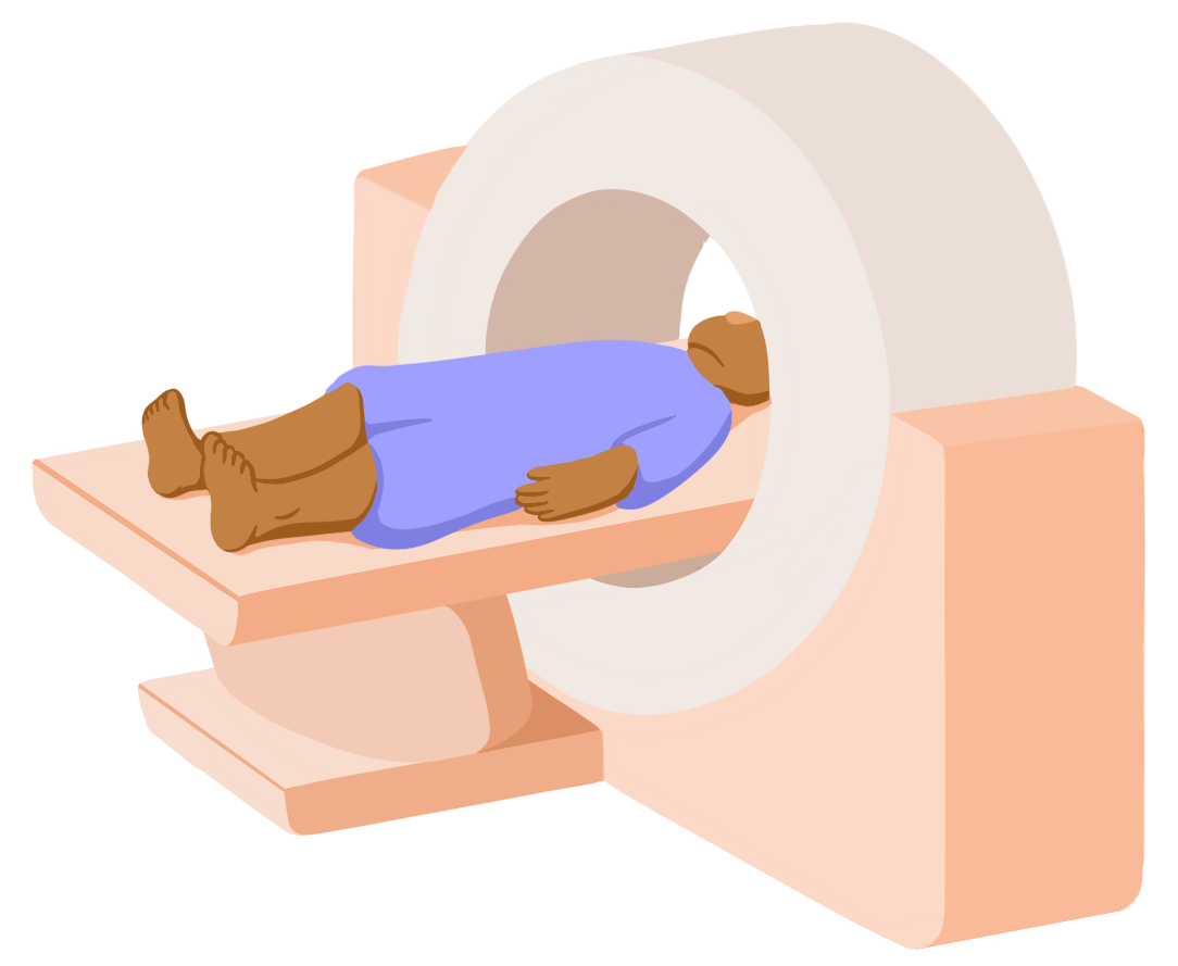 A patient lies on a bed that moves through a donut shaped CT machine.